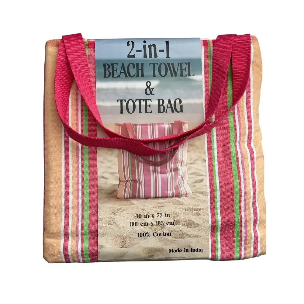 2-in-1 Beach Towel & Tote Bag, 100% Cotton, Striped, 40x72 Multicolor